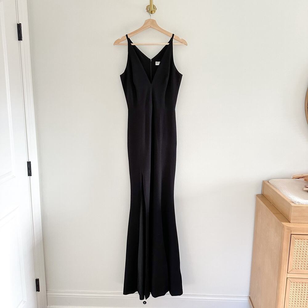 Dress The Population Iris Crepe Plunge V-Neck High Slit Sleeveless Gown Black 6 - Picture 4 of 12